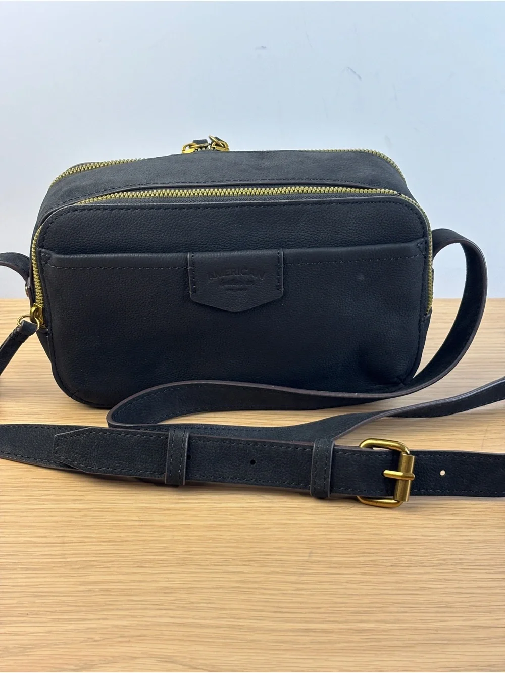 American Leather Co. Nashville Black Leather Double Zip Crossbody.